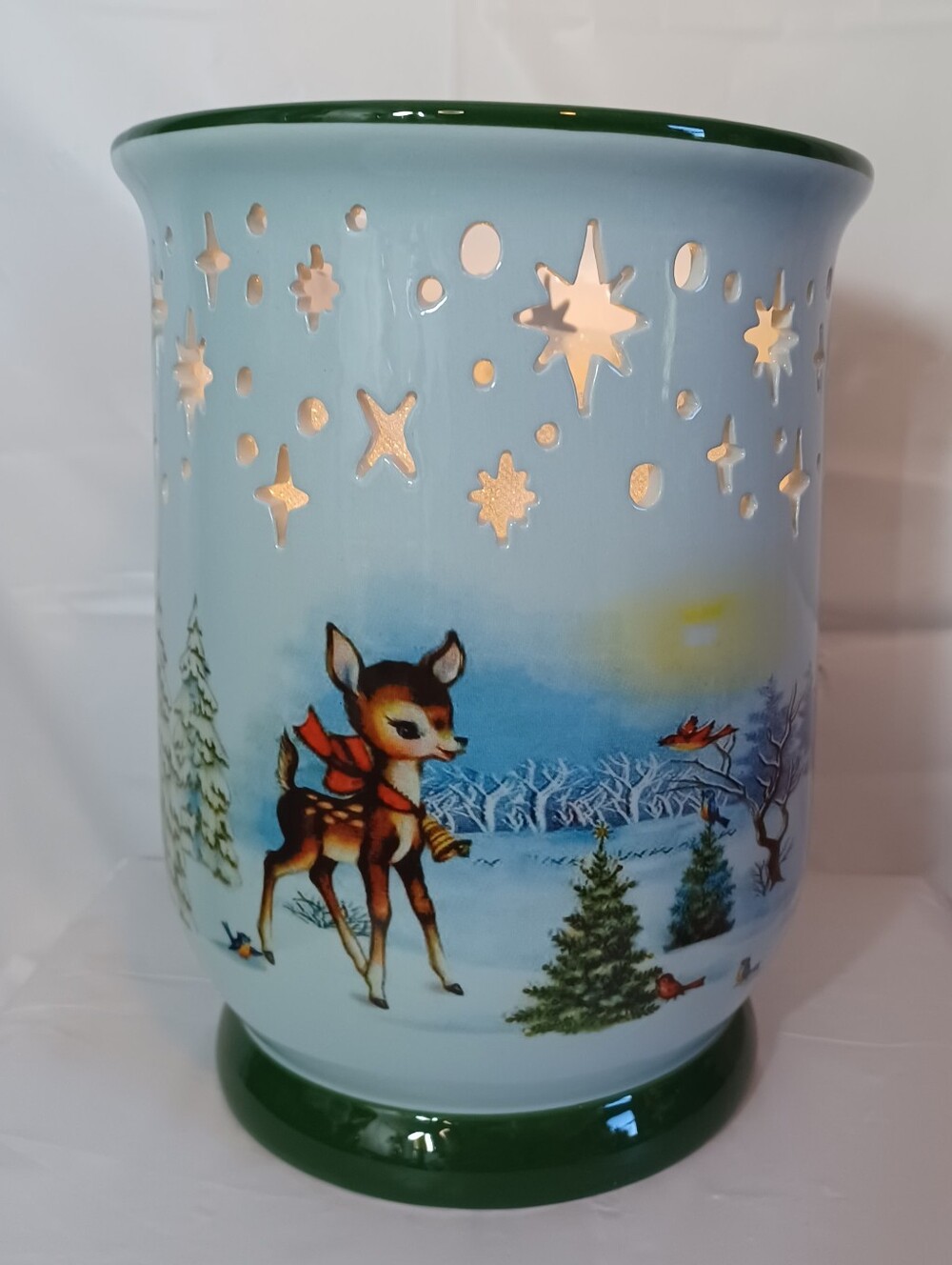 Ceramic Hurricaine Luminary Deer Winter Wonderland 8"x6" Christmas Lamp QVC